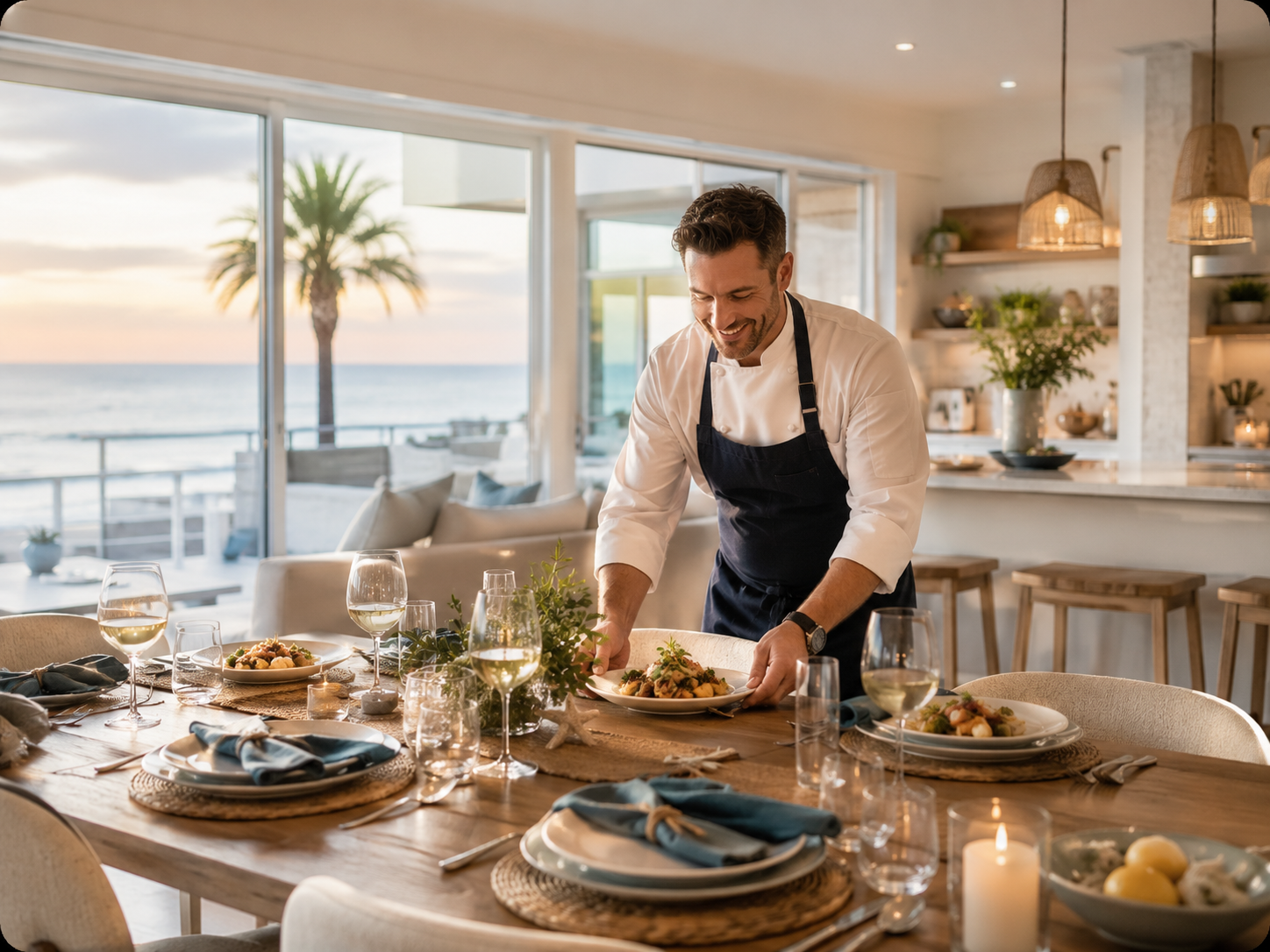 Private chef serving dinner at a San Diego beach house rental