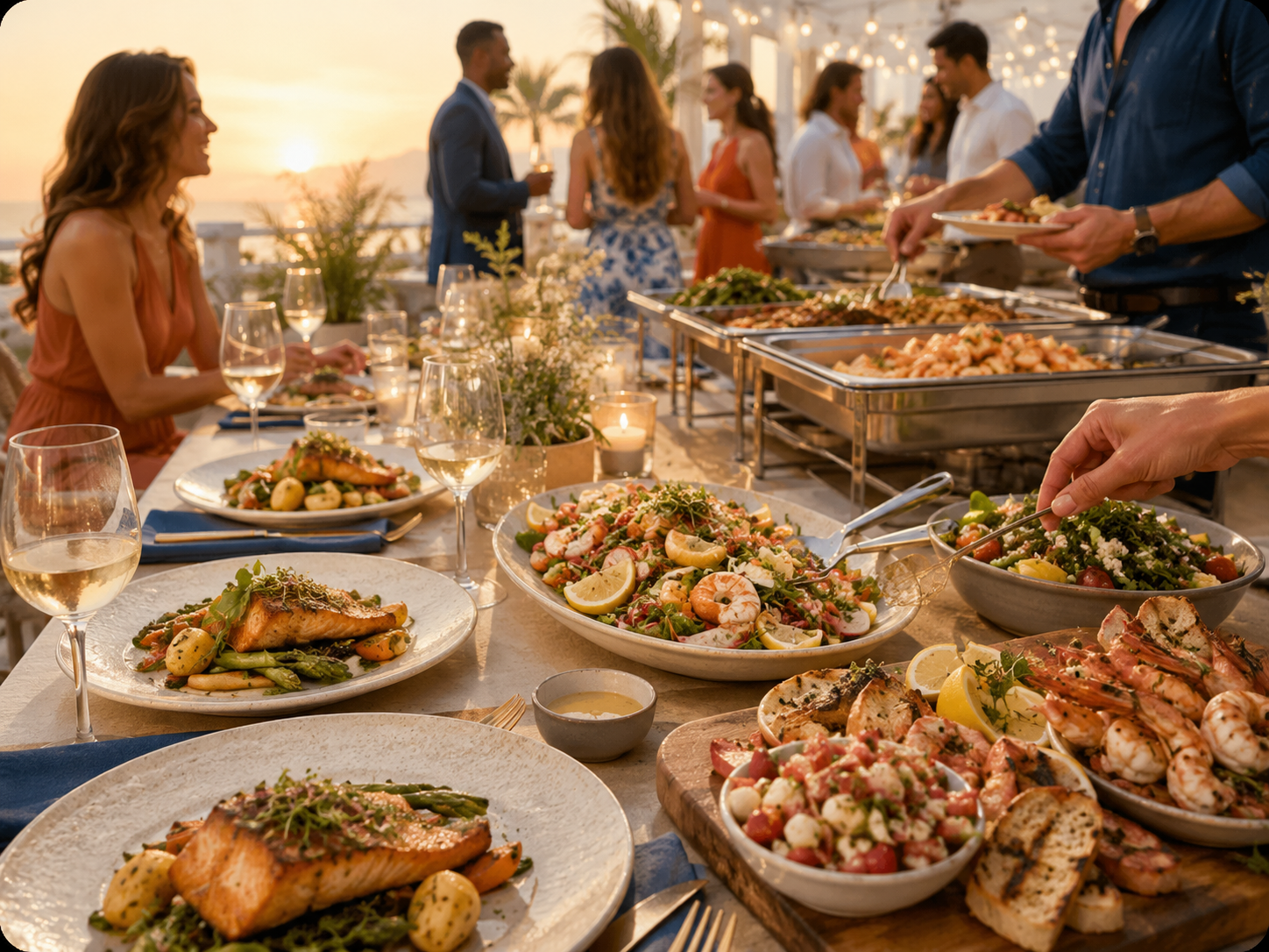 Coastal grazing table and buffet spread at sunset in San Diego
